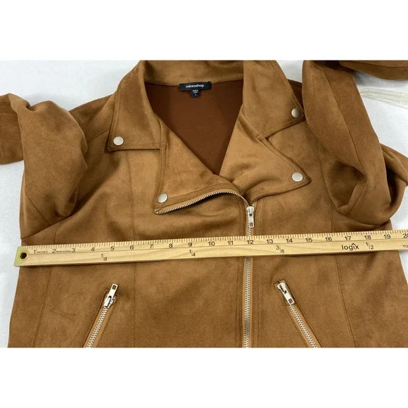 Mittoshop Moto Jacket Womens Large Brown Faux Suede Full‎ Zip Lapel Collar - Picture 6 of 10